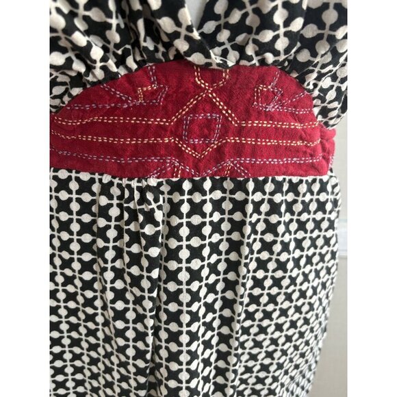 Mata Traders Black & White Geometric Print Dress Red Waist Tie Cotton Size Large - Picture 5 of 6